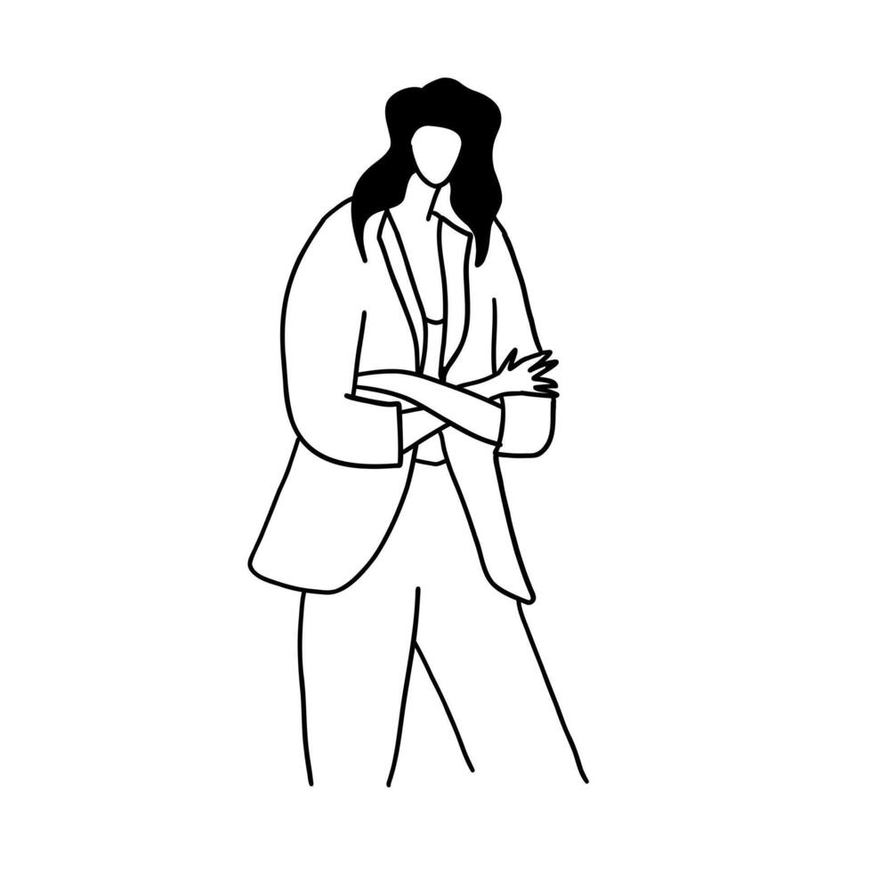 snygg, minimalistisk och modern mode lady. vektor illustration i hand dragen översikt klotter enkel kontur stil isolerat på vit bakgrund. för affisch, presentation, webb webbplats.