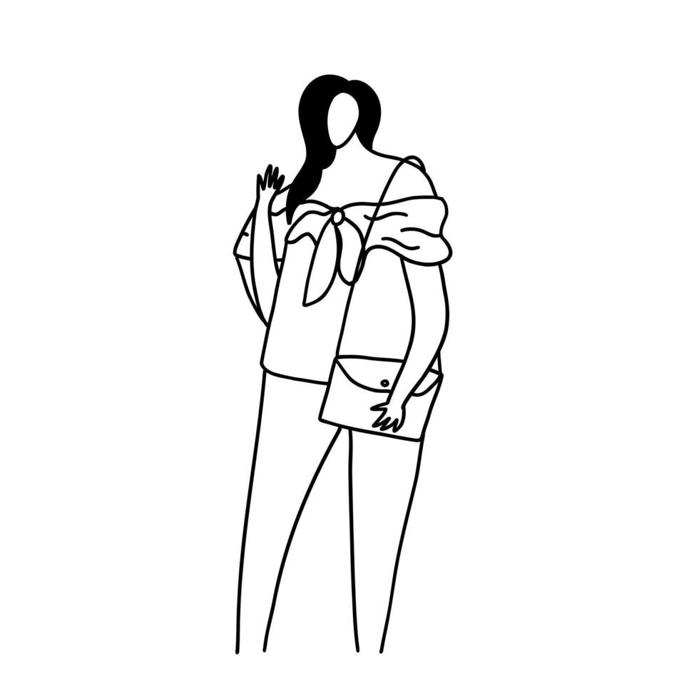 modern, trendig och minimalistisk mode lady. vektor illustration i hand dragen översikt klotter enkel kontur stil isolerat på vit bakgrund. för webb webbplats, omslag, affisch.