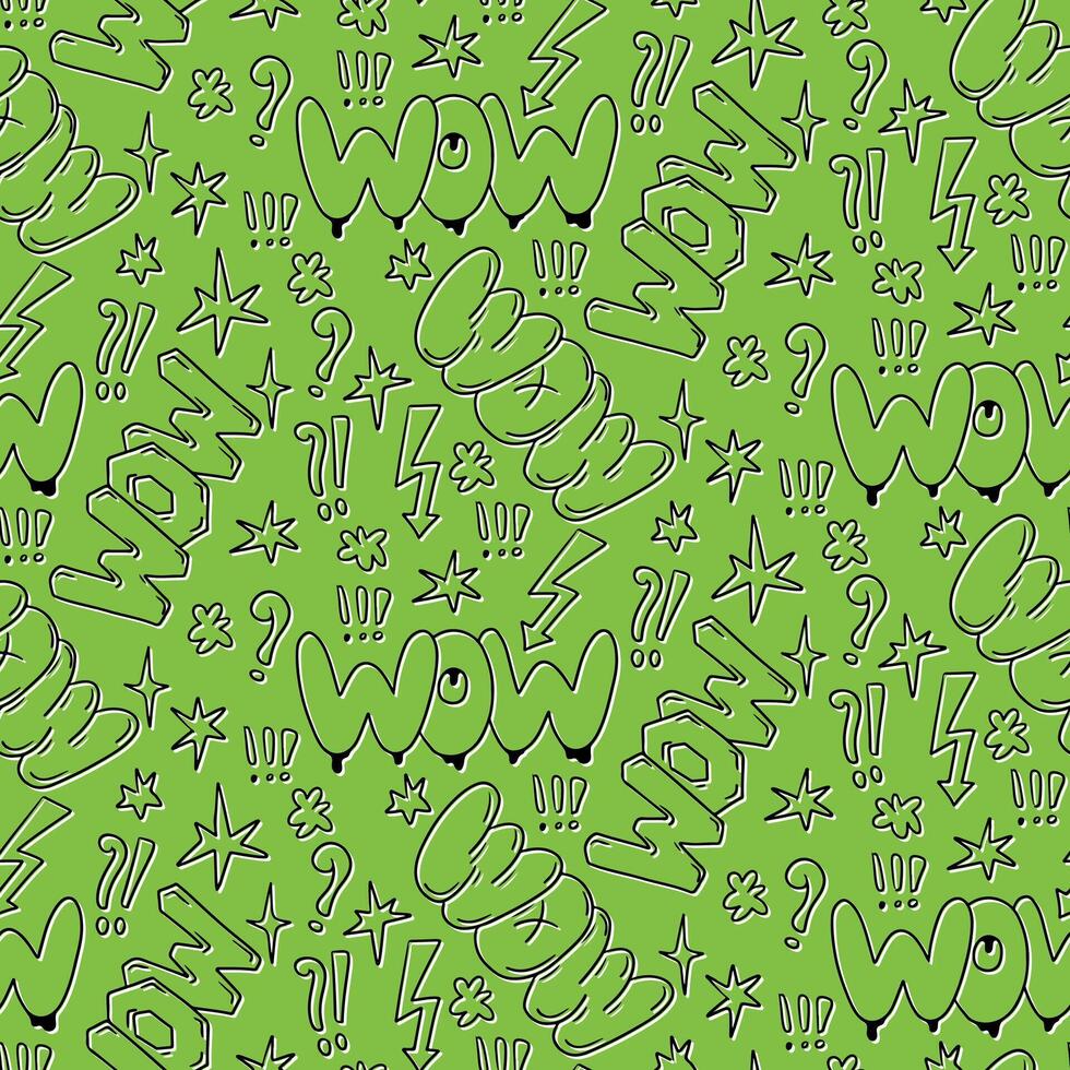 Grün Gekritzel Gliederung Wörter Muster im 90er Jahre Stil. Hand gezeichnet Wörter im Blase, Straße Stil Graffiti Stil. perfekt zum modern Textil, Banner, Verpackung Papier vektor