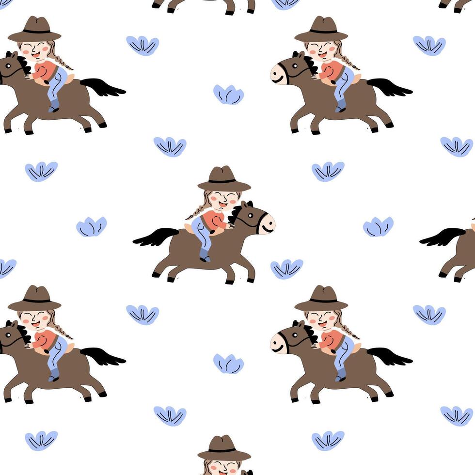 cowboy barnslig mönster med cowgirl. vektor illustration av tecknad serie karaktär flicka på häst. bebis aktivitet bakgrund utomhus. kan Begagnade för affisch, textil, omslag, förpackning.