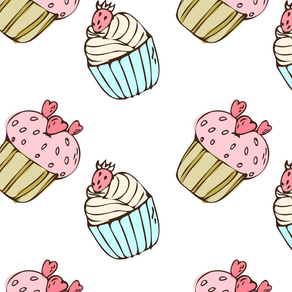 hand dragen muffin bakgrund för bageri. vektor illustration isolerat. mönster kan Begagnade för hälsning kort, inbjudan, meny bakgrund, affisch, textil, omslag papper, firande baner