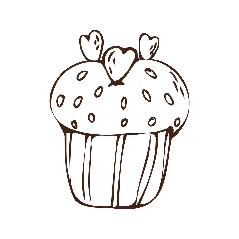 Gekritzel Cupcake und Herzen - - Süss Essen Symbol isoliert. Vektor Illustration können benutzt zum Bäckerei Hintergrund, Einladung Karte, Poster, Textil, Banner, Gruß Karte, Einladung Karte, Bäckerei Design