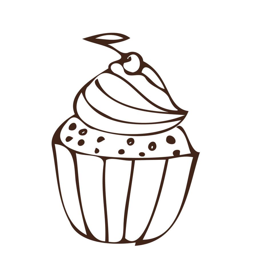 Gekritzel Cupcake - - Süss Essen Symbol mit Sahne und Kirsche isoliert. Vektor Illustration Gliederung können benutzt zum Bäckerei Hintergrund, Einladung Karte, Poster, Textil, Bäckerei Design