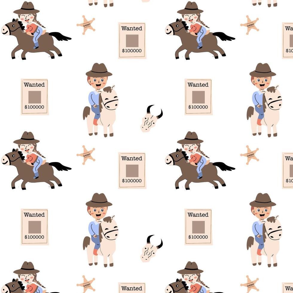 aktivitet pojke och flicka tecknad serie Västra bakgrund. vektor illustration av tjur skalle, ungar, ville ha lista. kan Begagnade för barnslig textil, affisch, cowboy fest.