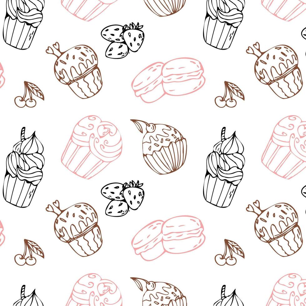 Hand gezeichnet Rosa, schwarz und braun Cupcake Muster. Vektor Illustration isoliert. Muster können benutzt zum Gruß Karte, Einladung, Speisekarte Hintergrund, Poster, Textil, Verpackung Papier.