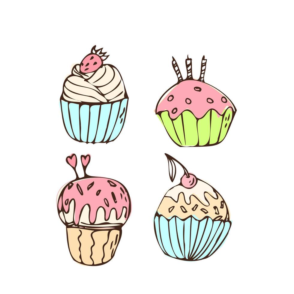 Gekritzel Jahrgang Cupcakes - - Süss Essen Symbol isoliert. Vektor Illustration können benutzt zum Bäckerei Hintergrund, Einladung Karte, Poster, Textil, Banner, Gruß Karte, Einladung Karte, Bäckerei Design