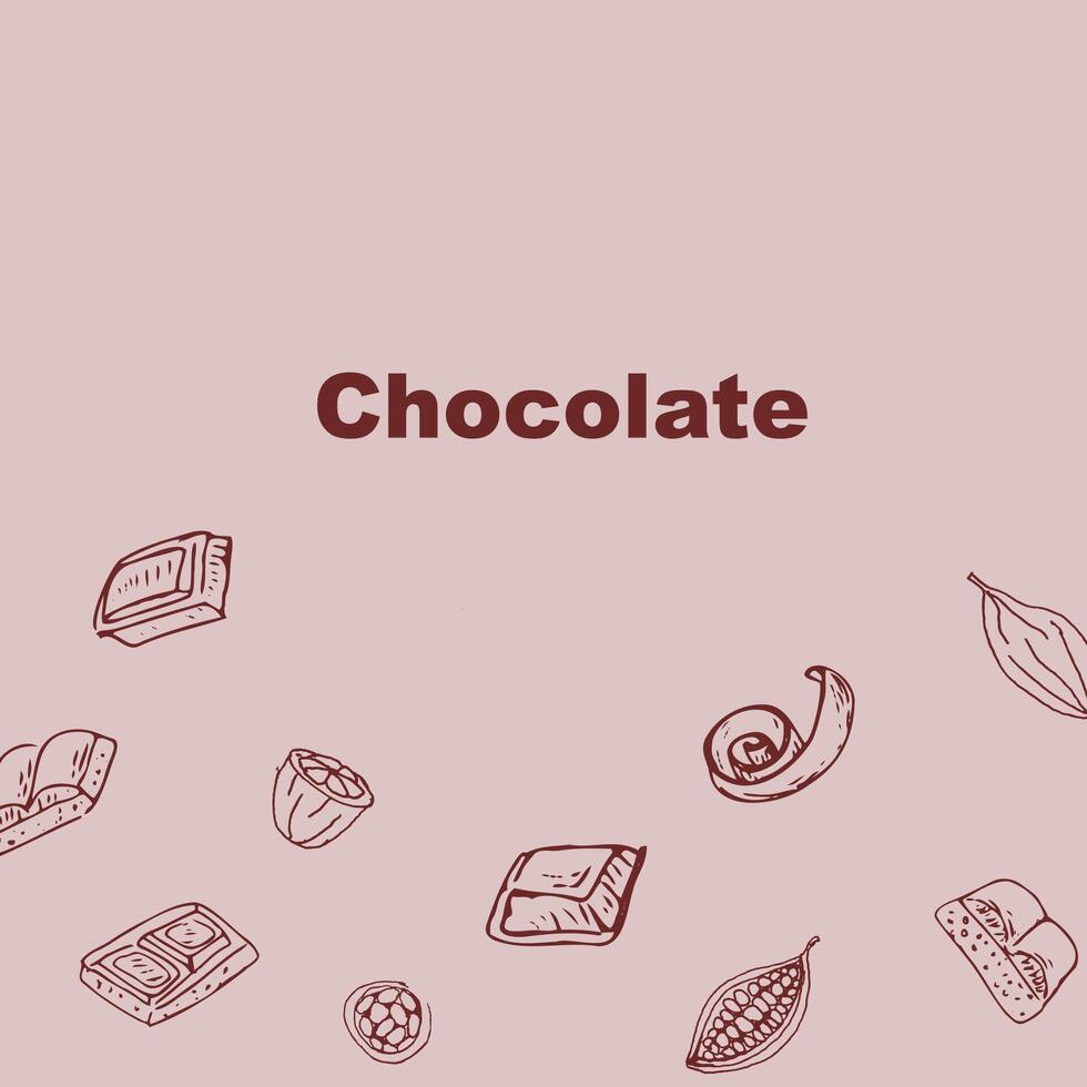 Hand gezeichnet Schokolade Hintergrund Gliederung auf Verpackung Banner. Vektor Illustration können benutzt zum Schokolade Produkte Verpackung, Verpackung, Poster, Essen Hintergrund.
