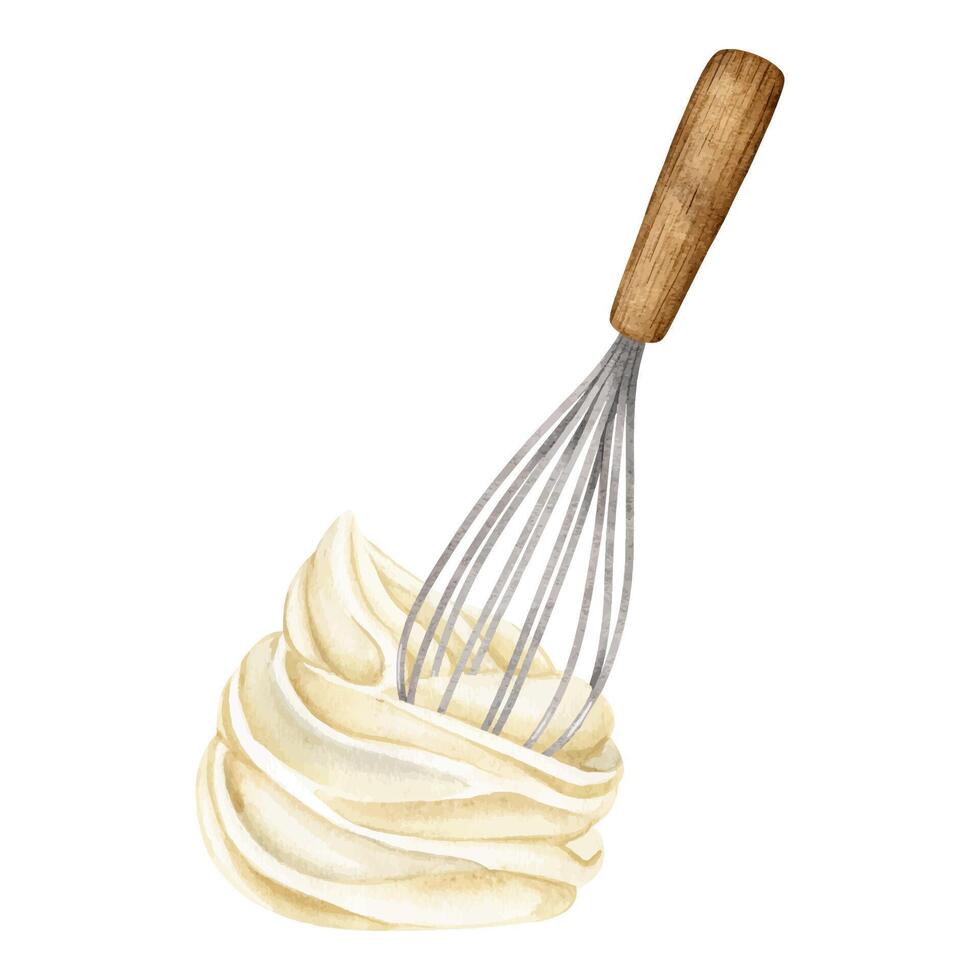 Vorbereitung von Sahne zum Nachspeisen. Süss Creme. ausgepeitscht Creme, Schneebesen. isoliert Aquarell Illustration von Backen Zutaten. Clip Art zum Rezept Buch, Essen Blog, Design von Etikett, Verpackung von gut vektor