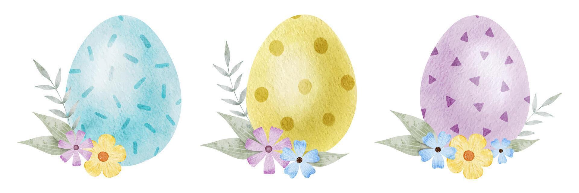 lila Ostern Ei, Blumen und Blätter. Oster Konzept mit Ostern Eier mit Pastell- Farben. isoliert Aquarell Illustration. Vorlage zum Ostern Karten, Abdeckungen, Plakate und Einladungen. vektor