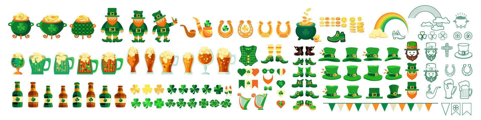 stor uppsättning av symboler för st. patricks dag. vektor illustration.