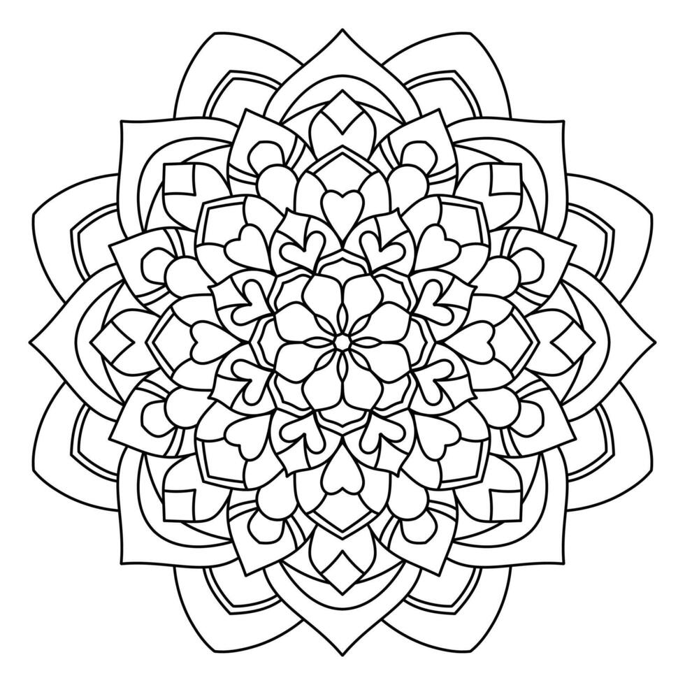 blommig mandala stil med rader, cirkulär form, hand dragen design, färg bok sida vektor