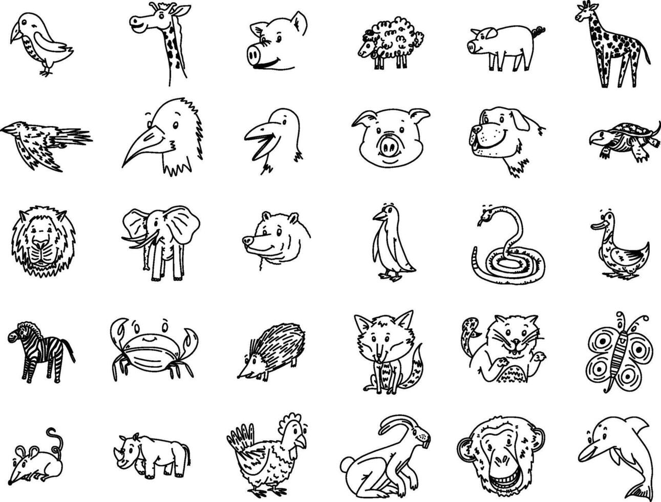 uppsättning av 30 djur- ikoner, linje ritningar vektor