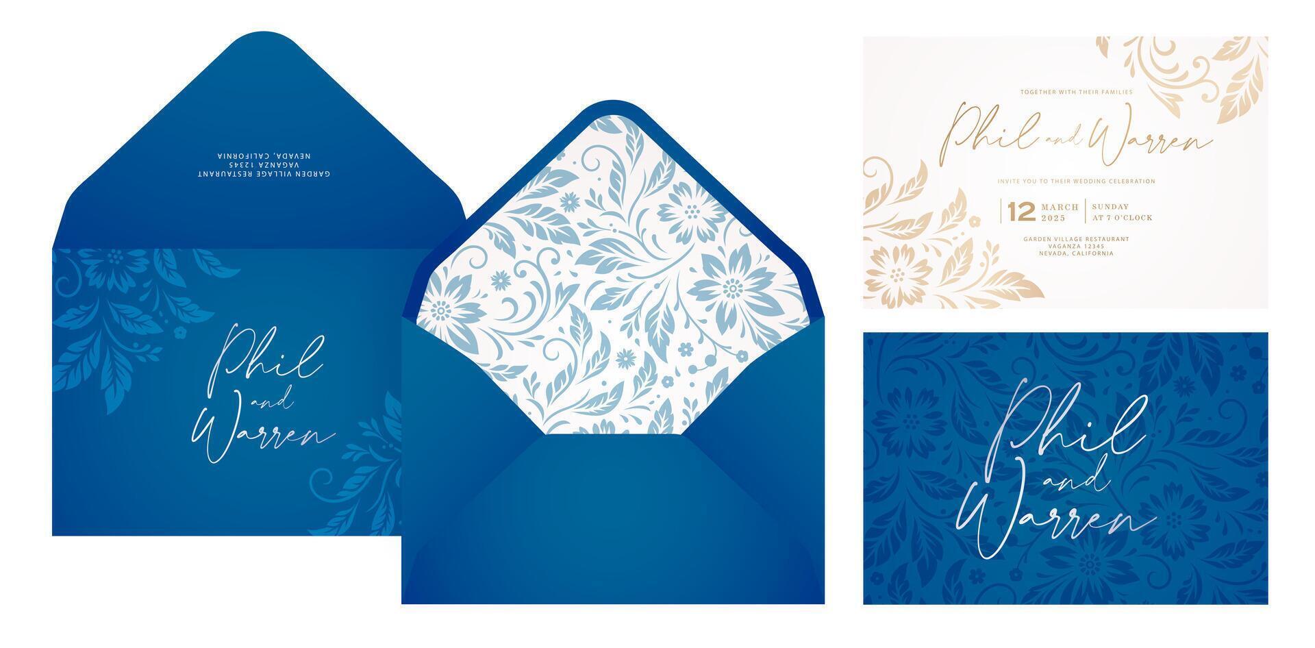 bröllop inbjudningar uppsättning med blå kuvert och blommig mönster isolerat Färg bakgrunder för brevpapper, layouter, collage, scen mönster, händelse flygblad, Semester firande kort papper utskrift omslag vektor