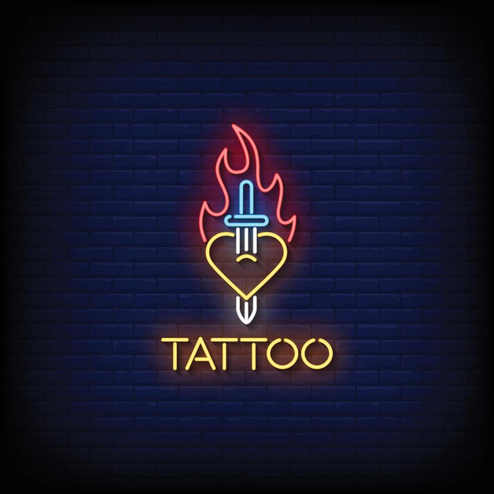 neon tecken tatuering med tegel vägg bakgrund vektor