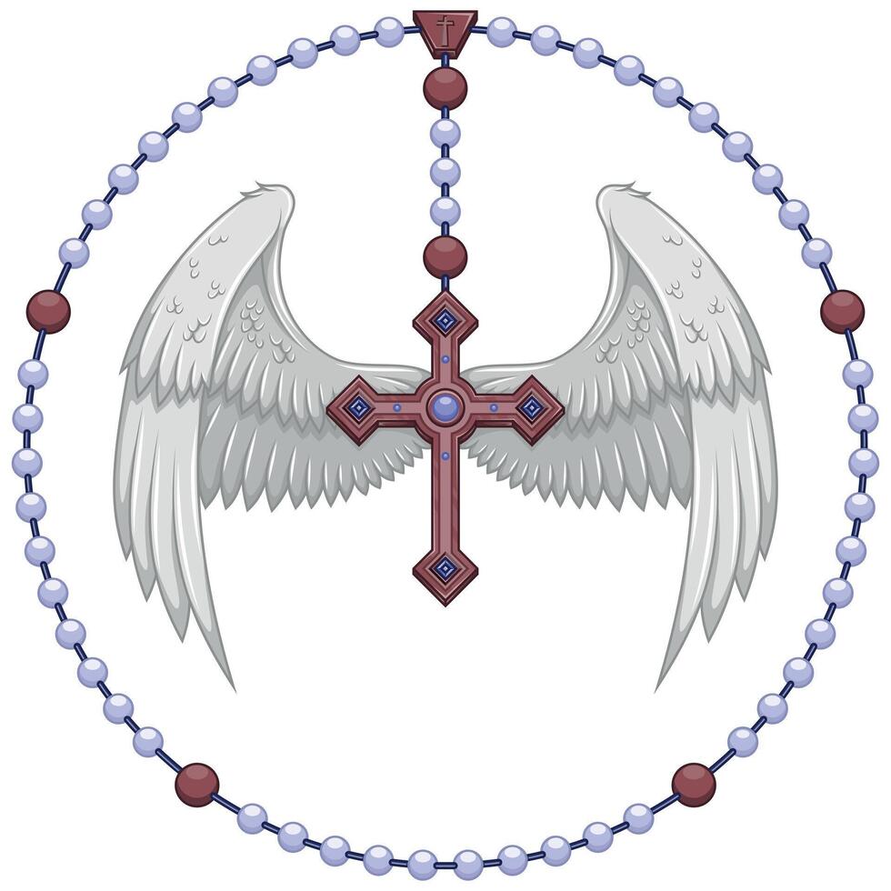 Vektor Design von geflügelt Kreuz mit Christian Rosenkranz, paradiesisch Kreuz mit Flügel, Symbolik von das katholisch Religion