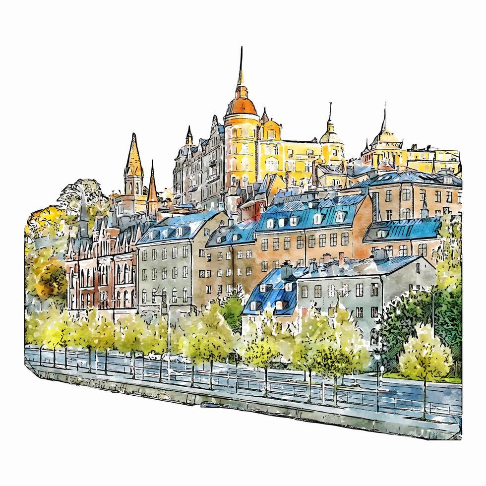 Stockholm Schweden Aquarell Hand gezeichnet Illustration isoliert auf Weiß Hintergrund vektor