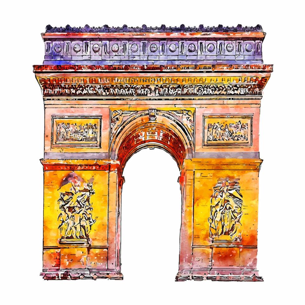 Bogen de Triomphe Frankreich Aquarell Hand gezeichnet Illustration isoliert auf Weiß Hintergrund vektor