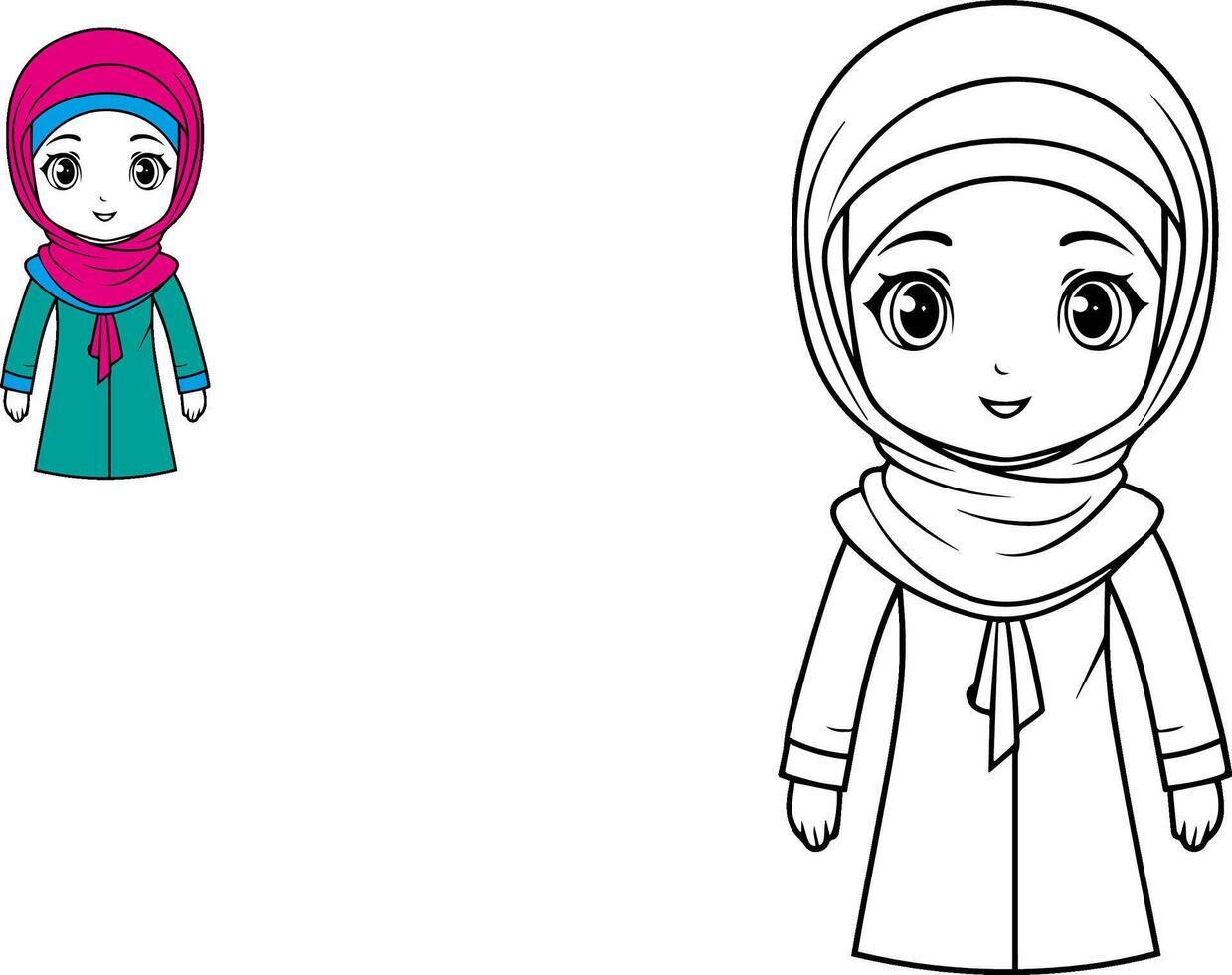 süß glücklich Muslim Mädchen tragen Hijab mit Linie Kunst Zeichnung, Kinder, Vektor Charakter Illustration Maskottchen