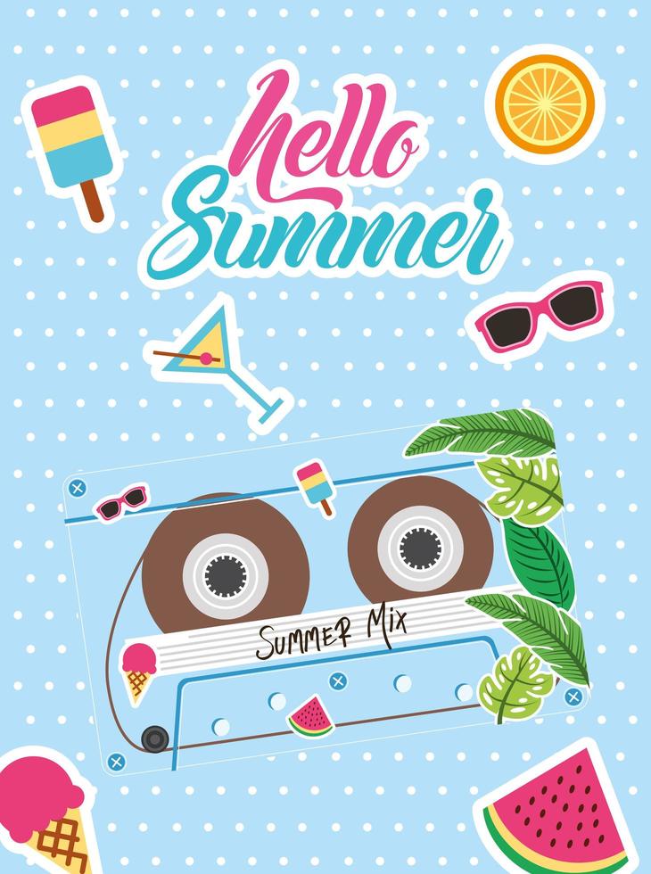 Sommer-Mix-Retro-Kassette mit Symbolen-Vektor-Design vektor