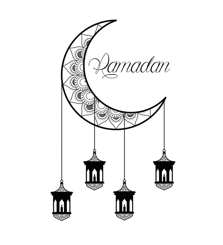 monokrom måne och lyktor hängande ramadan kareem vektor