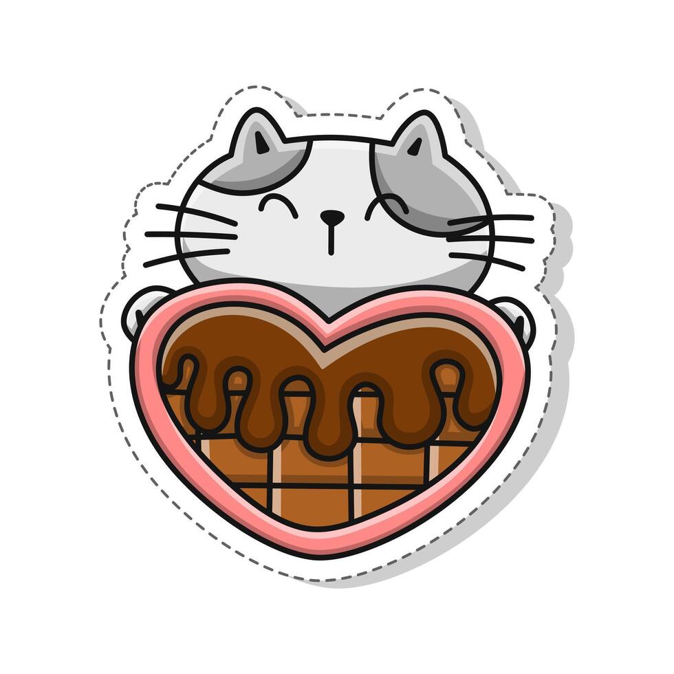 Aufkleber Illustration, süß Katze und Herz Schokolade Kuchen mit Valentinstag Thema vektor