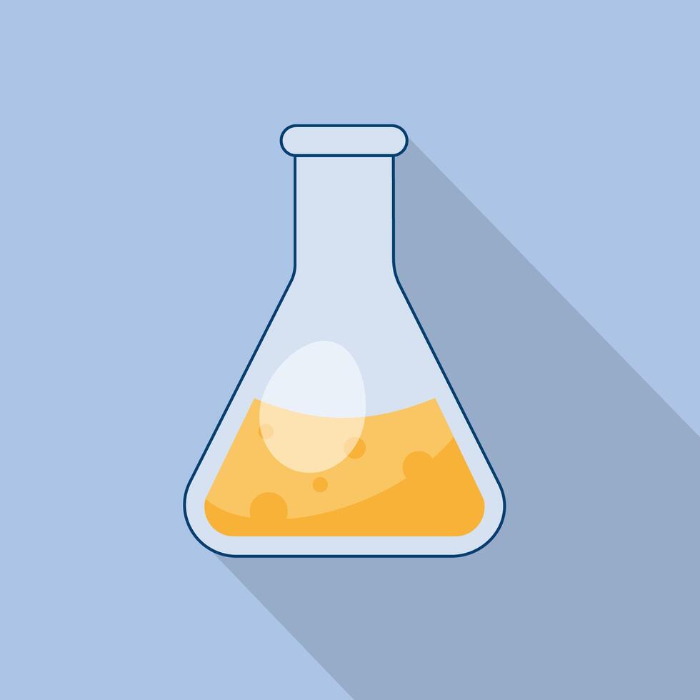 kemisk flaska, laboratorium glas med flytande. illustration med en lång skugga. forskning, vetenskaplig experimentera, kemi lektion. vektor