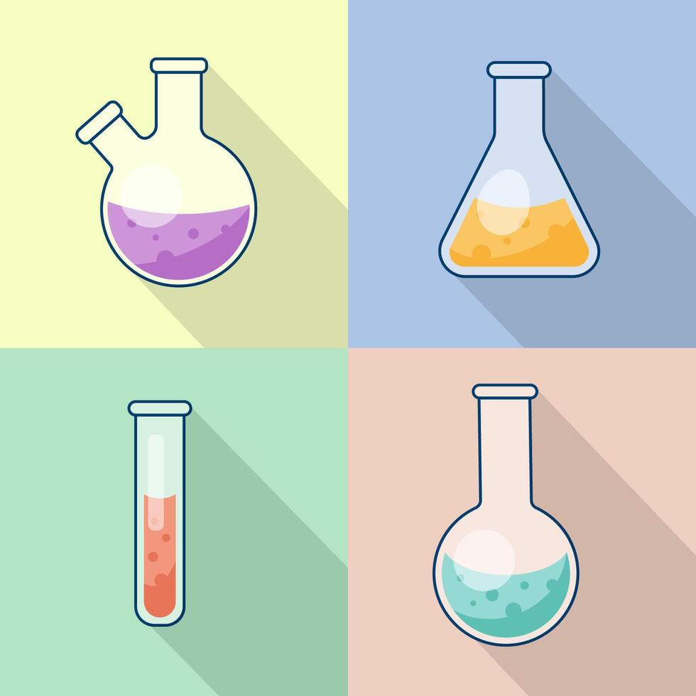 chemisch Prüfung Tube und runden Flasche, Labor Glaswaren mit flüssig. Illustration mit ein lange Schatten. Forschung, wissenschaftlich Experiment, Chemie Lektion. vektor