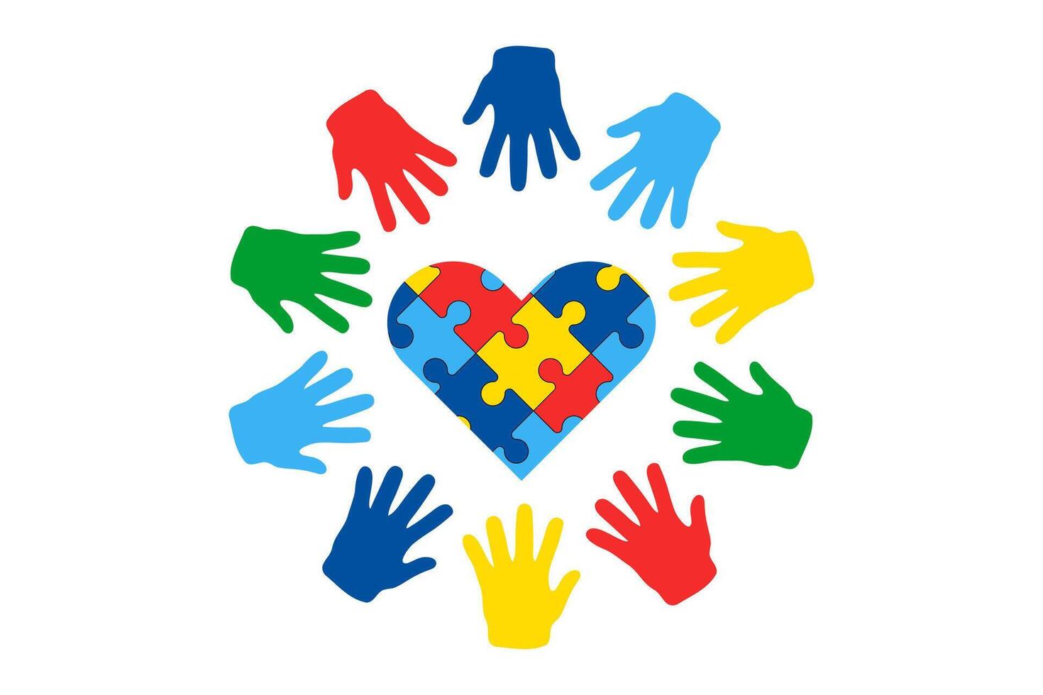 värld autism medvetenhet dag vektor. pussel hjärta och barn färgad händer runt om, hand grafik handflatorna. design element för kort, gräns, banderoller, affischer, tryckt Produkter, kort, flygblad mönster, omslag vektor