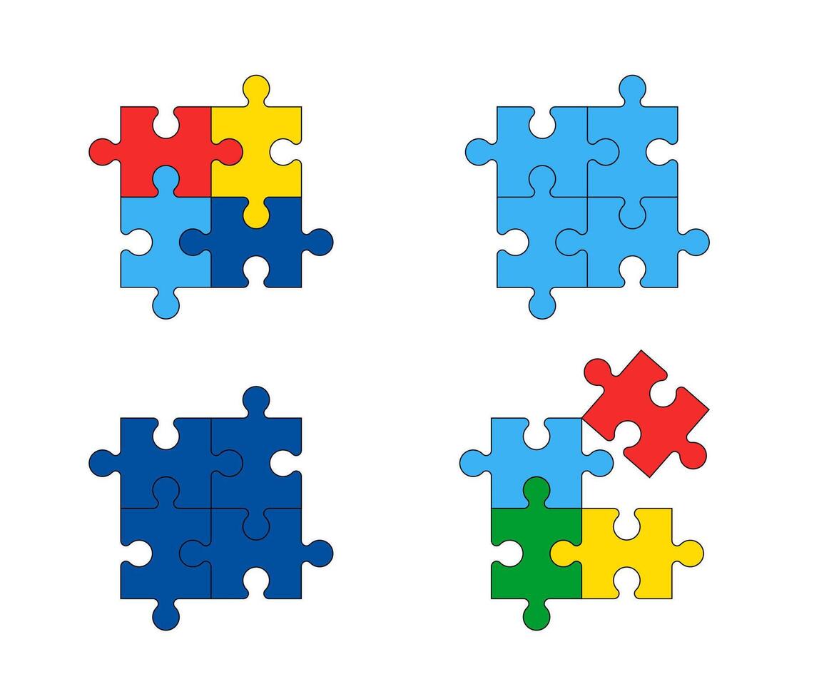 Puzzle isoliert Vektor zum Welt Autismus Bewusstsein Tag. farbig und Blau von Puzzle Stücke. Design Element zum Karte, Grenze, Banner, Poster, gedruckt Produkte, Karten, Flyer, Muster, Abdeckungen.