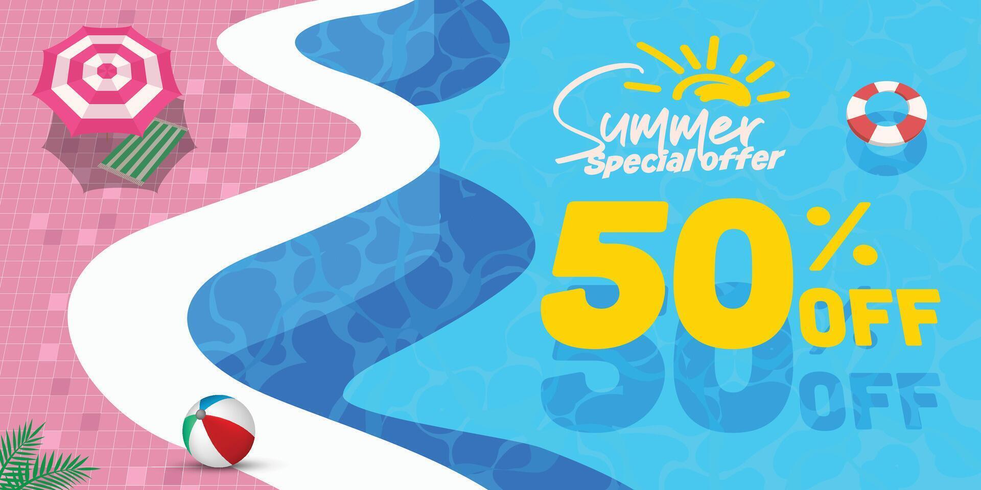 Sommer- Verkauf Banner Vorlage. Angebot schwebend auf Schwimmen Schwimmbad Wasser vektor