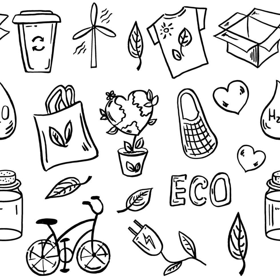 Ökologie nahtlos Muster. handgemalt Gekritzel Vektor Illustration. Ökologie Problem, Recycling und Grün Energie Symbole. Umwelt Symbole.