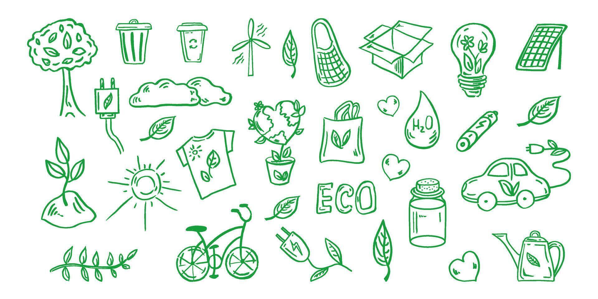 einstellen von Ökologie. handgemalt Gekritzel Vektor Illustration. Ökologie Problem, Recycling und Grün Energie Symbole. Umwelt Symbole.