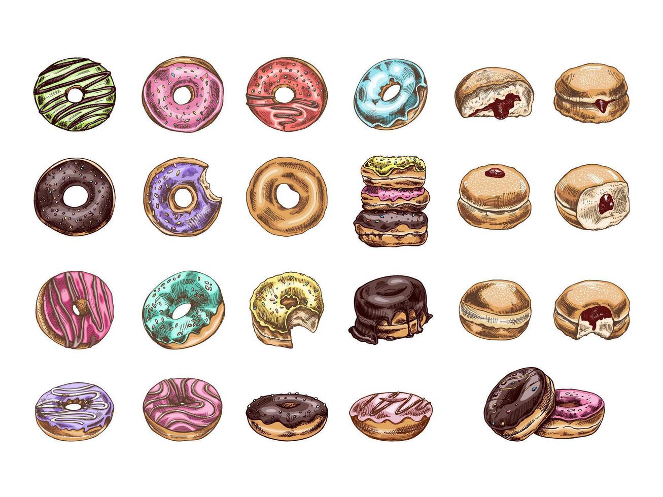 ein handgemalt farbig skizzieren von ein einstellen von Donuts. Jahrgang Illustration. Gebäck Süßigkeiten, Nachtisch. Element zum das Design von Etiketten, Verpackung und Postkarten. vektor