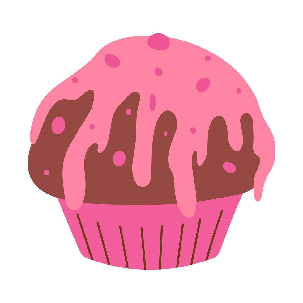 choklad muffin med choklad rosa glasyr, mat vektor illustration, bakad sötsaker, platt stil muffin