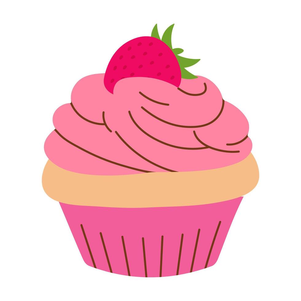 Vanille Cupcake mit Rosa ausgepeitscht Sahne und Erdbeere auf Spitze, Essen Vektor Illustration, gebacken Süßigkeiten, eben Stil Muffin