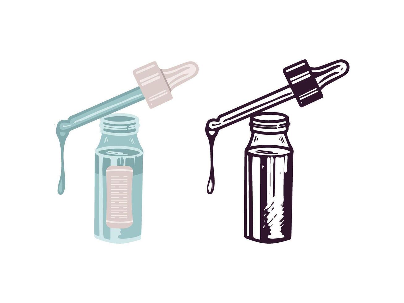 handgemalt Serum Flasche mit Pipette, Schönheit kosmetisch Element, selbst Pflege. Illustration zum Schönheit Salon, kosmetisch speichern. farbig eben Stil und schwarz Gekritzel Stil. vektor