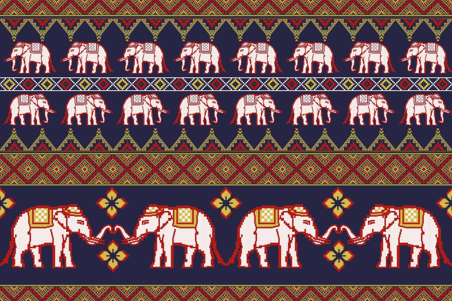 traditionell thailändisch Elefant Pixel Kunst bunt nahtlos Muster. Design zum Stoff, Fliese, Stickerei, Teppich, Verpackung, Hintergrund, und Hintergrund vektor