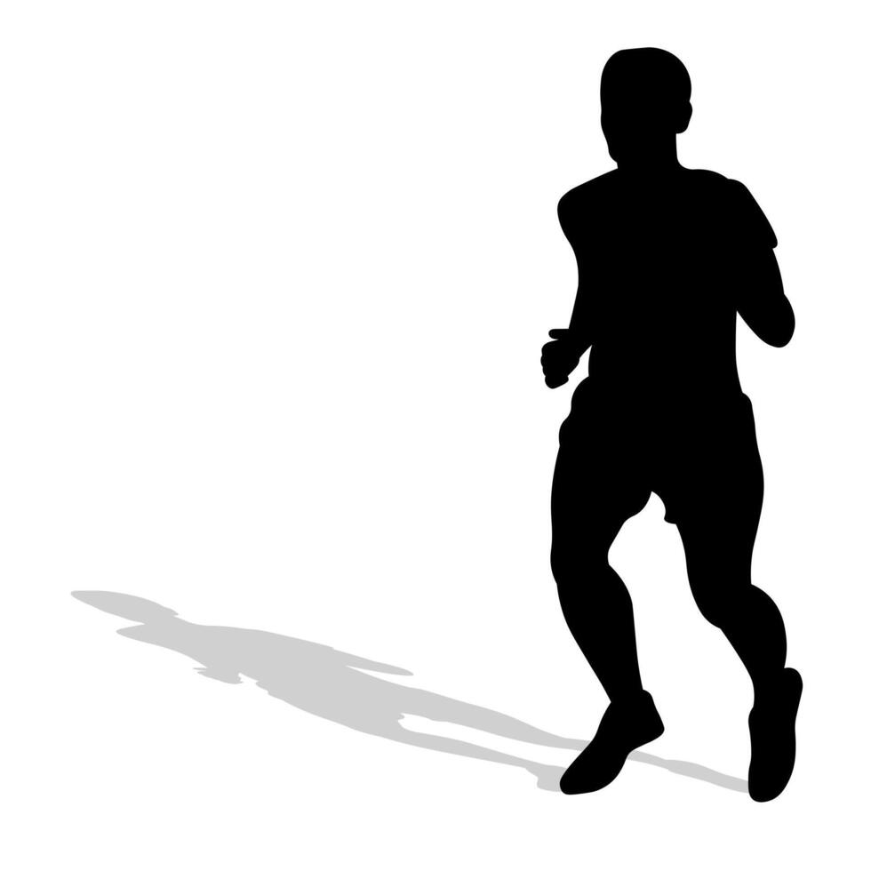 svart silhuett av ett idrottare löpare med skugga. friidrott, löpning, korsa, sprint, joggning, gående vektor
