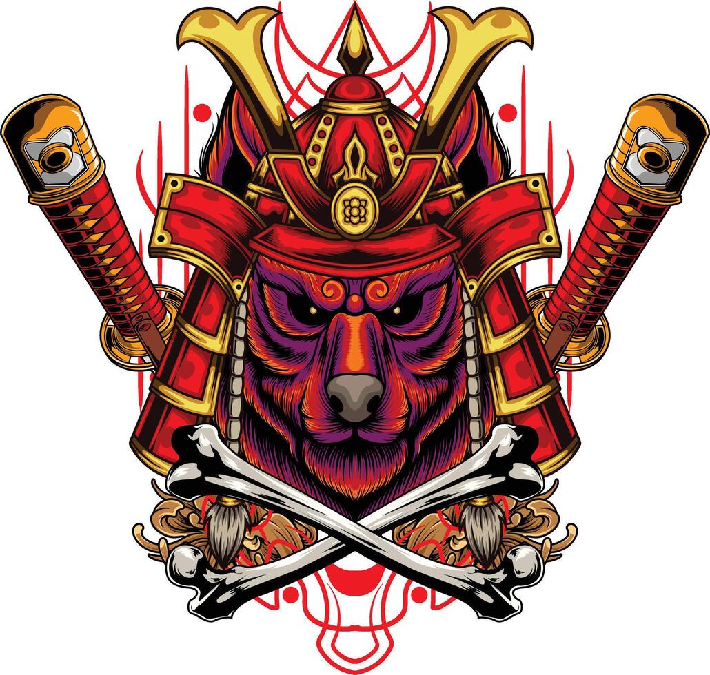 Vektor Illustration von japanisch Wolf mit Samurai Helm