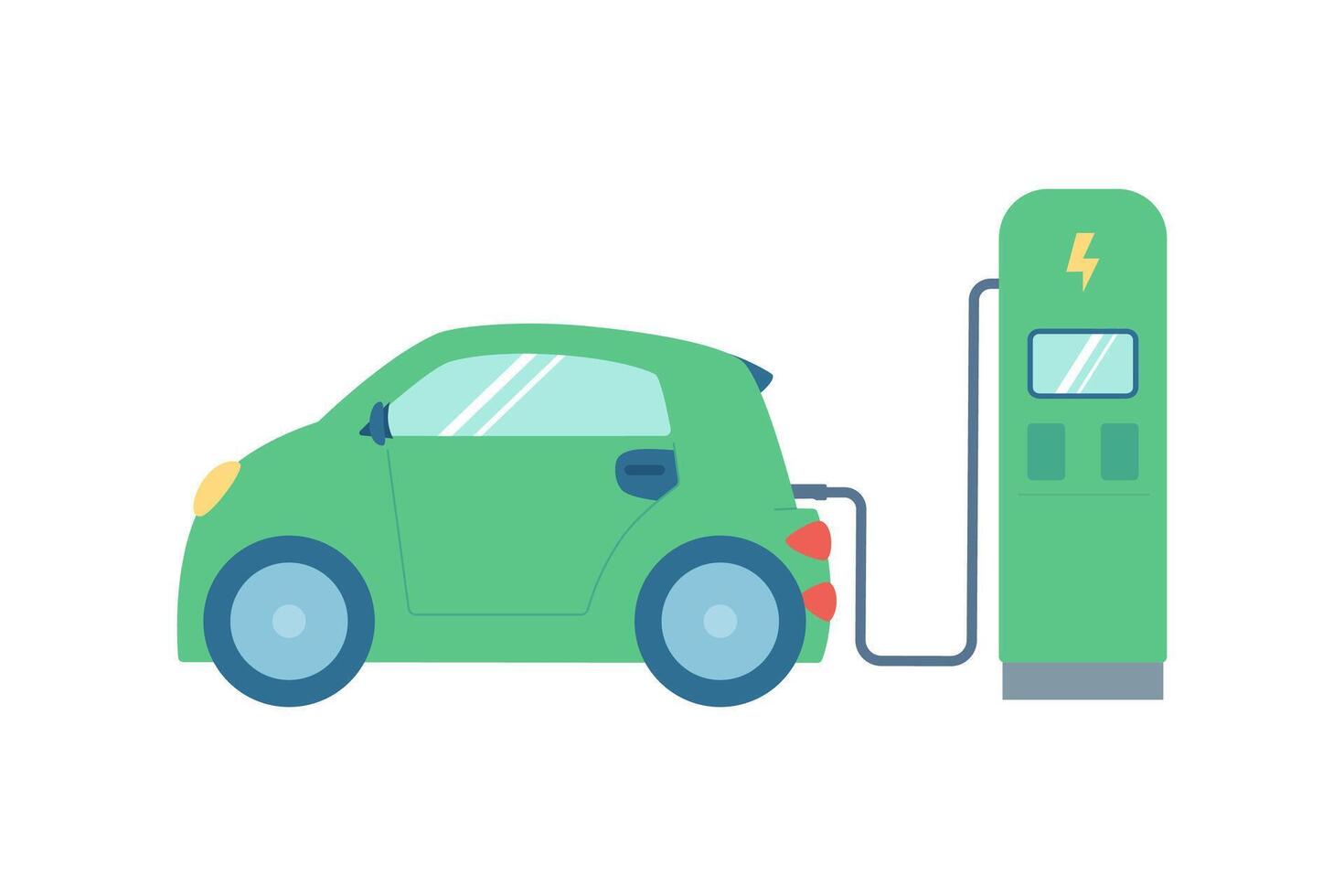 elektrisch Auto beim das Laden Bahnhof, das Konzept von Ökologie, Grün Energie. eben Vektor Illustration.