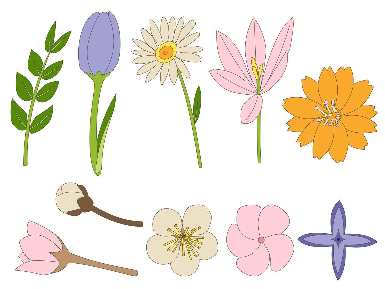 ein einstellen von Frühling Elemente eine solche wie Orange Blume, Gänseblümchen, Krokus, Apfel Blüte, Frangipani, Tulpe, und Andere im ein handgemalt minimal Blumen- Konzept, Vektor