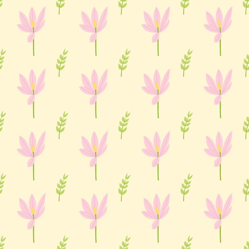 ein nahtlos Muster von Krokus und Baum Geäst und Blätter im ein Frühling minimal gestalten Blumen- Konzept, Vektor