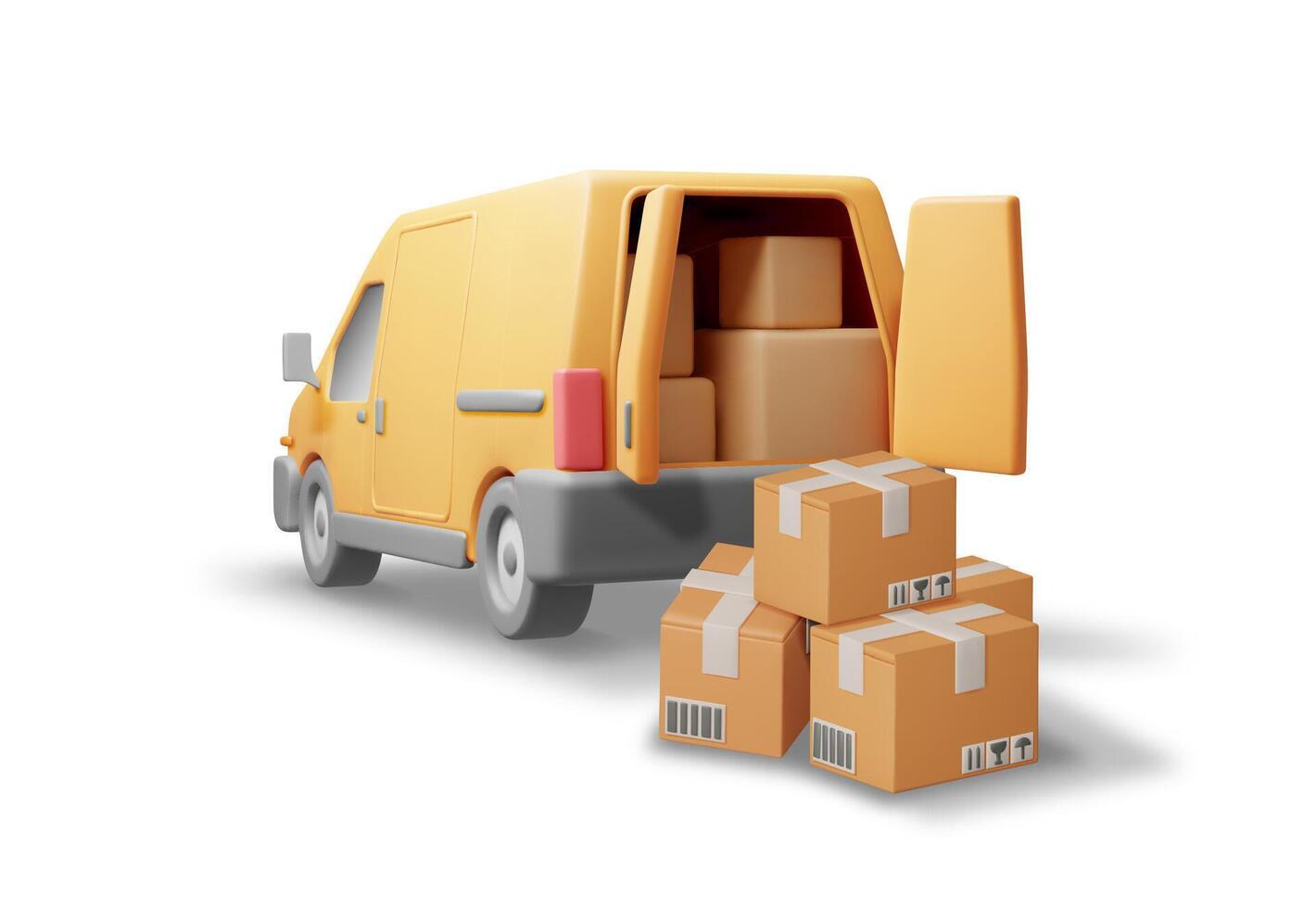 3d Lieferung van und Karton Kisten isoliert auf Weiß. machen ausdrücken liefern Dienstleistungen kommerziell LKW. Konzept von schnell und kostenlos Lieferung durch Wagen. Ladung und Logistik. realistisch Vektor Illustration