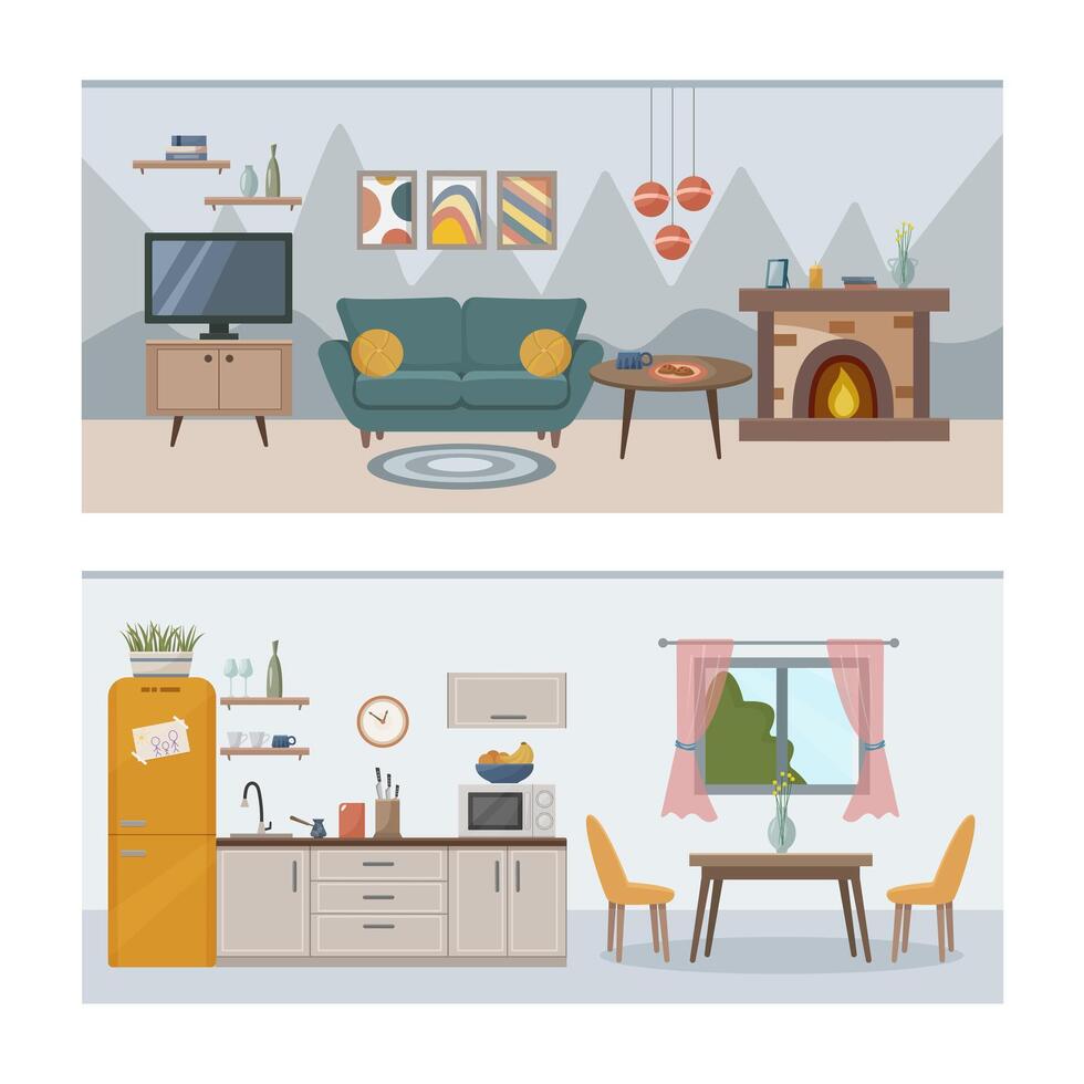 Wohnung innen. einstellen mit Innere, Küche und Leben Zimmer. möbliert Räume. eben Vektor Illustration von Räume mit Möbel.