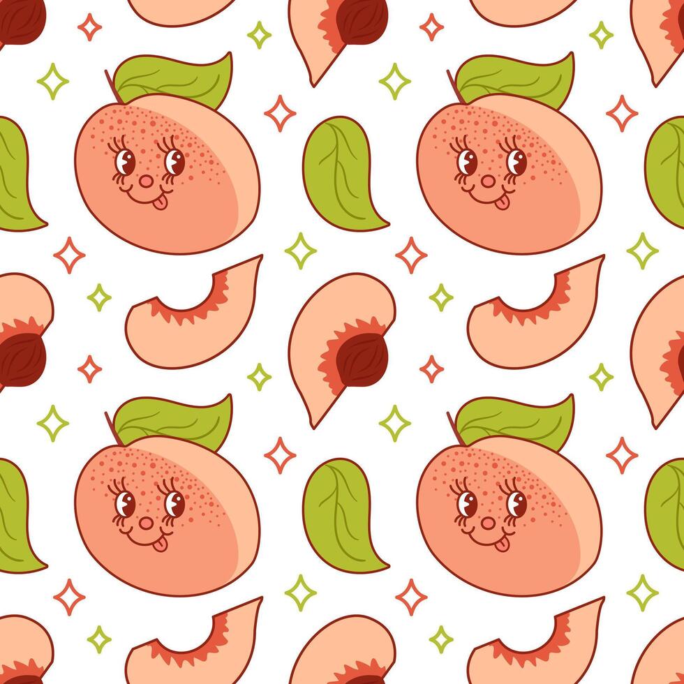 persika ludd, en söt retro tecknad serie karaktär. häftig årgång sommar sömlös mönster. 1970-talet. tropisk exotisk frukter. friska mat. trendig gammal stil. för meny, Kafé, tapet. veganär. vektor