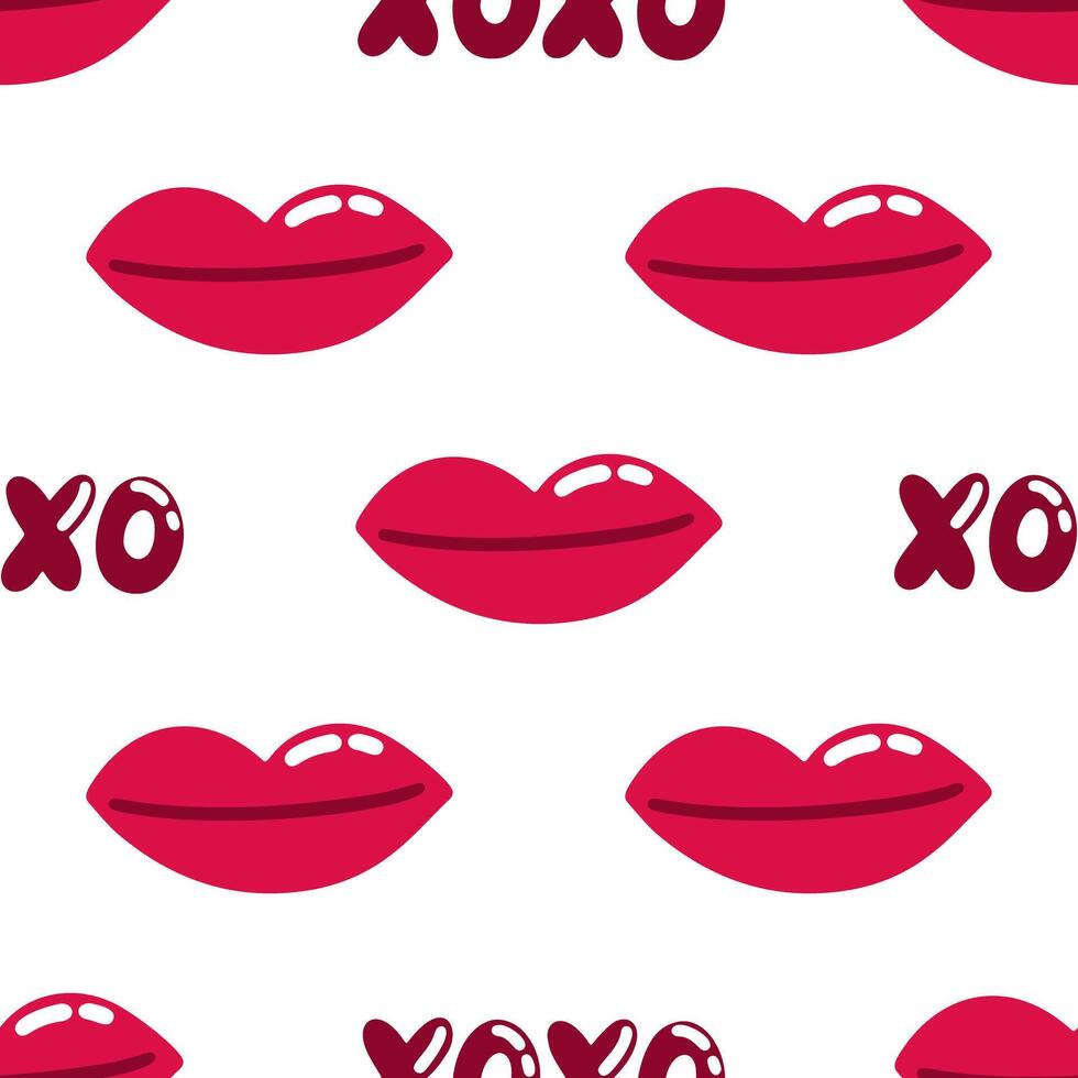 röd kärlek mun sömlös mönster illustration. söt romantisk rosa puss och kram bakgrund skriva ut. hjärtans dag vektor