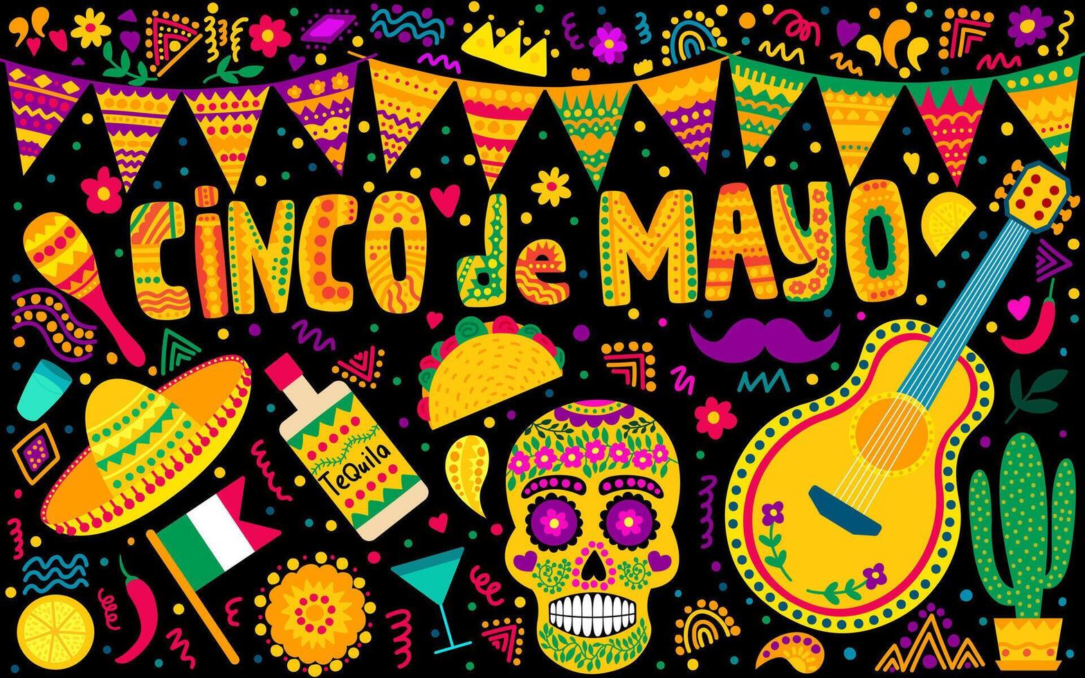 cinco de Mayo Mexikaner Urlaub eben Stil Vektor Satz. groß Mexikaner Fiesta Satz. cinco de Mayo Feier Vektor eben Sammlung