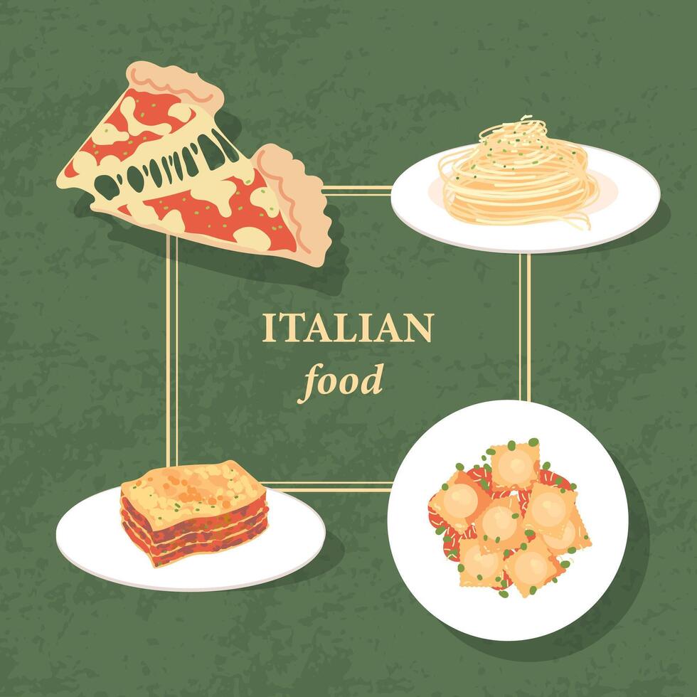 einstellen von Italienisch Lebensmittel. Italienisch Küche. Spaghetti Carbonara, Pizza, Pasta, Ravioli, Lasagne. zwei Scheiben von Pizza mit dehnbar Käse. Geschirr auf Platten. Vektor Abbildungen