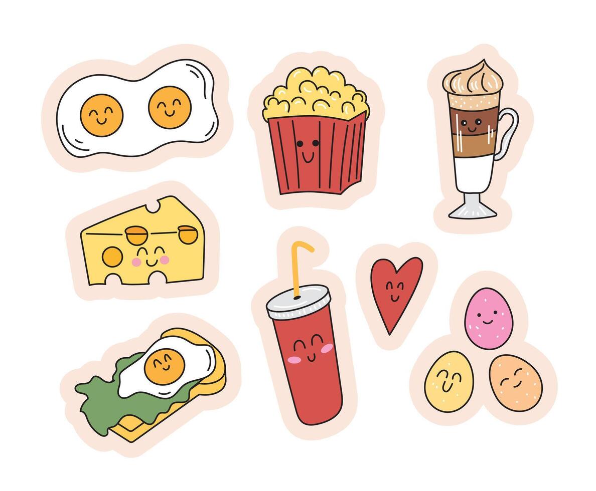 einstellen von Aufkleber mit süß Essen mit anthropomorph Gesichter. gebraten Eier, Latté, Popcorn, Limonade, Eier Benedikt, Käse, Herz. Sammlung von kawaii Frühstück Essen vektor