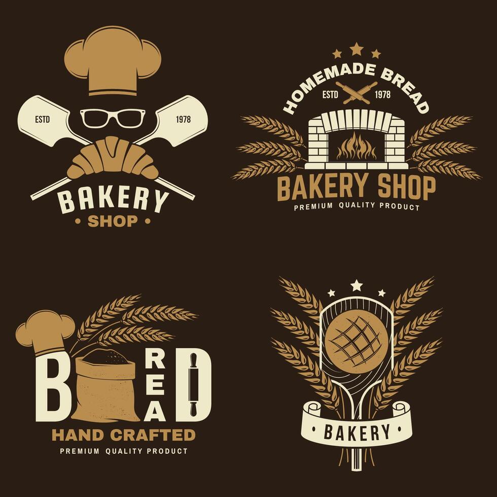 bageri bricka, logotyp. vektor illustration typografi design med väska med mjöl, ugn, bröd spadar, hopp och balans skala silhuett. mall för restaurang identitet objekt, förpackning och meny